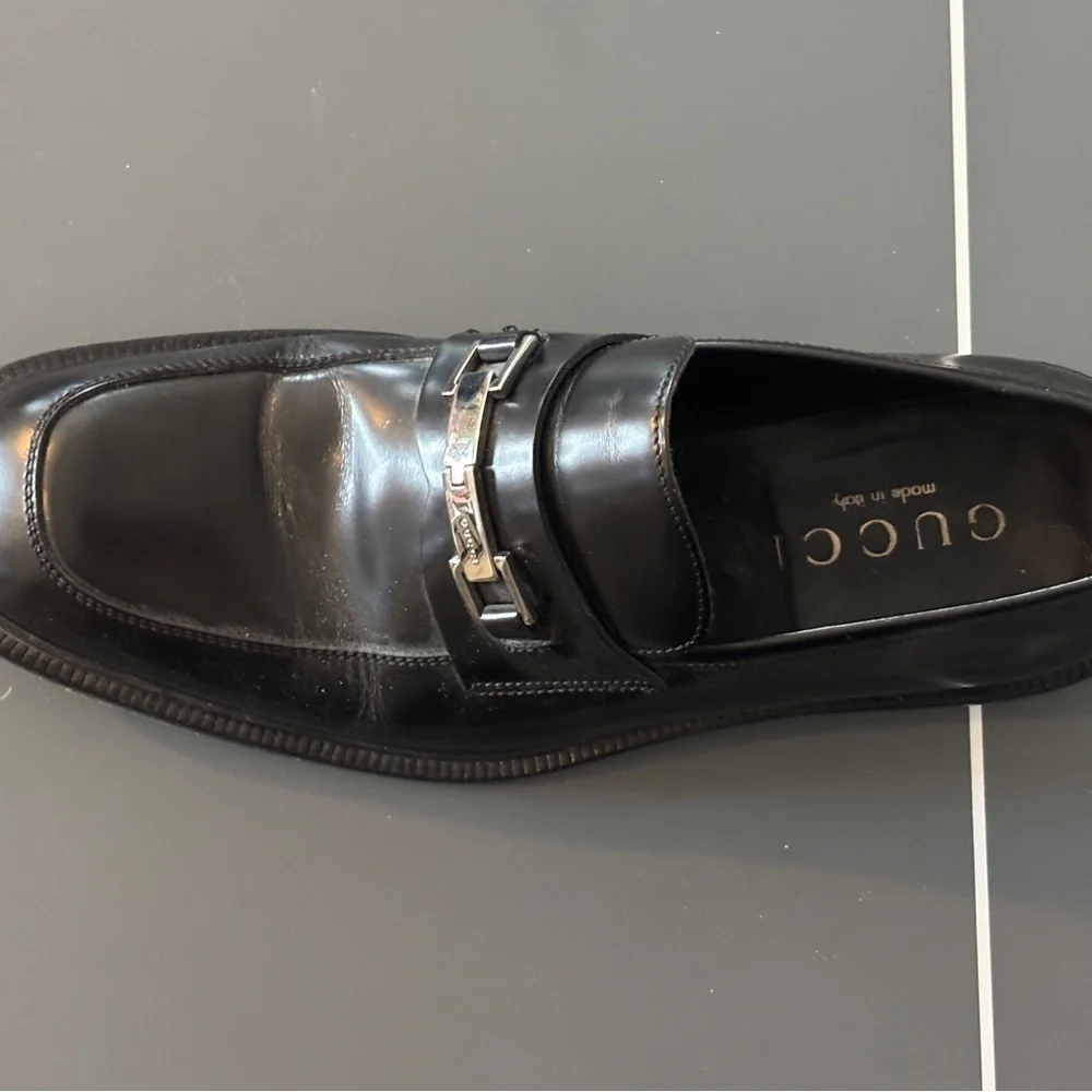 Gucci Black Leather Slip-On Loafers with Silver Horsebit
